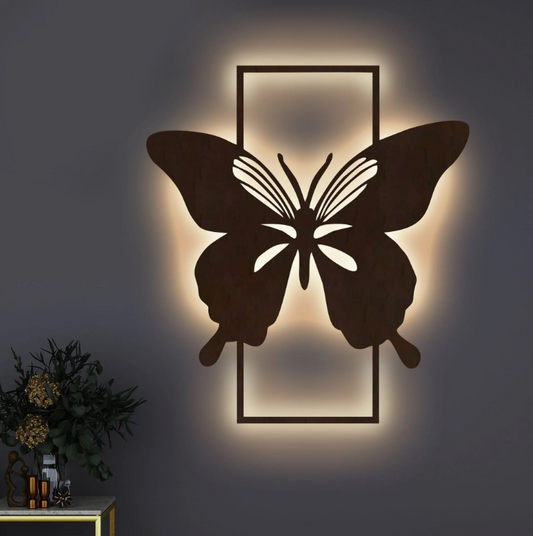 Modern Butterfly Art Backlit Wooden Wall Decor With LED Night Light Walnut Finis
